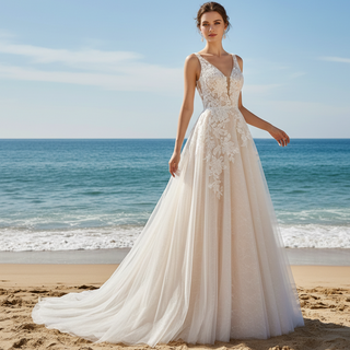 Elegant Tulle and Lace A-line Wedding Dress with Vneck