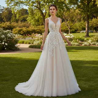 Elegant Tulle and Lace A-line Wedding Dress with Vneck