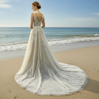 Elegant Tulle and Lace A-line Wedding Dress with Vneck