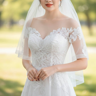 A-line Tulle Lace Off Shoulder Wedding Dress with Sheer Bodice - Rosymae