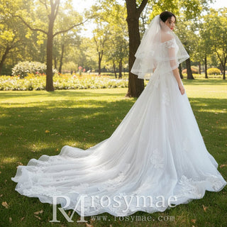 A-line Tulle Lace Off Shoulder Wedding Dress with Sheer Bodice - Rosymae