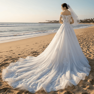 A-line Tulle Lace Off Shoulder Wedding Dress with Sheer Bodice - Rosymae