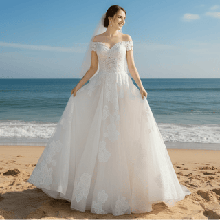 A-line Tulle Lace Off Shoulder Wedding Dress with Sheer Bodice - Rosymae