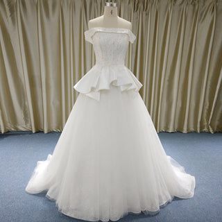 Classic Off the Shoulder Ruffle Skirt Wedding Dress with V Back