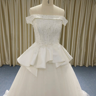 Classic Off the Shoulder Ruffle Skirt Wedding Dress with V Back