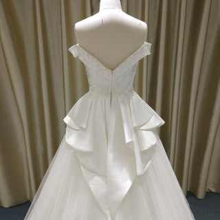 Classic Off the Shoulder Ruffle Skirt Wedding Dress with V Back