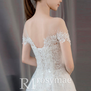 A-Line Lace Tulle Wedding Dress with Short Sleeve