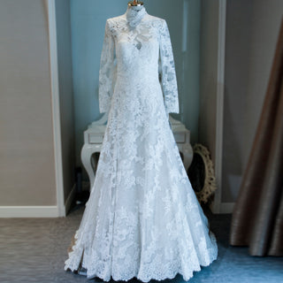 High Neck Tulle Lace Wedding Dress with Long Sleeve