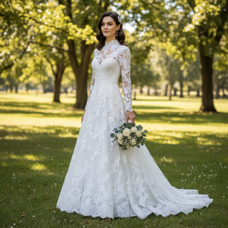 High Neck Tulle Lace Wedding Dress with Long Sleeve