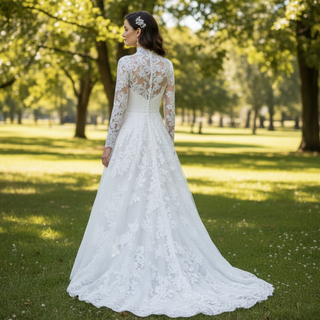 High Neck Tulle Lace Wedding Dress with Long Sleeve