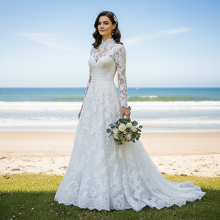 High Neck Tulle Lace Wedding Dress with Long Sleeve