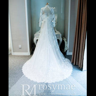 High Neck Tulle Lace Wedding Dress with Long Sleeve