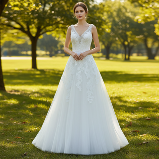 Tank Top Vneck Tulle Lace Wedding Dress with Open Back