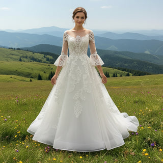 Classic Flutter Long Sleeve A-Line Lace Appliqued Wedding Dress White / 4 Classic Flutter Long Sleeve A-Line Lace Appliqued Wedding Dress White / 4