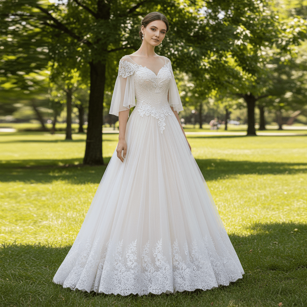 A-line Tulle Lace Wedding Dress with Half Flowy Sleeves - Rosymae