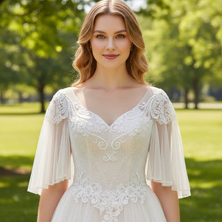 A-line Tulle Lace Wedding Dress with Half Flowy Sleeves - Rosymae