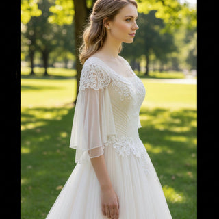 A-line Tulle Lace Wedding Dress with Half Flowy Sleeves - Rosymae