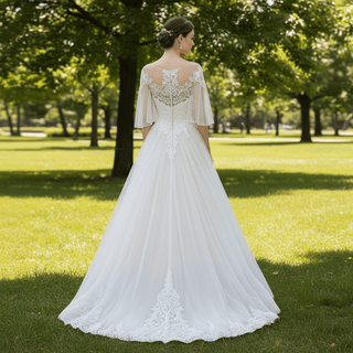 A-line Tulle Lace Wedding Dress with Half Flowy Sleeves - Rosymae