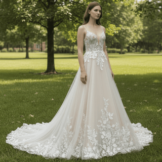 A-line Tulle Lace Wedding Dress with Spaghetti Strap - Rosymae