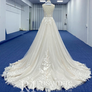 A-line Tulle Lace Wedding Dress with Spaghetti Strap - Rosymae