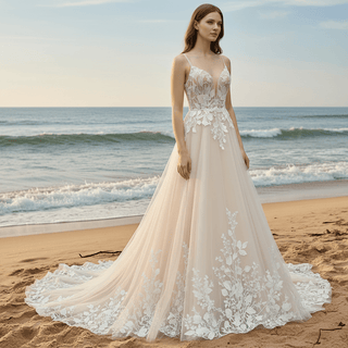A-line Tulle Lace Wedding Dress with Spaghetti Strap - Rosymae
