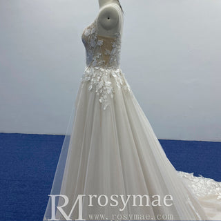 A-line Tulle Lace Wedding Dress with Spaghetti Strap - Rosymae