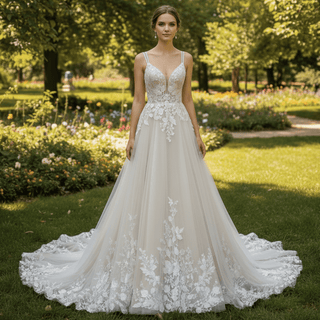 A-line Tulle Lace Wedding Dress with Spaghetti Strap - Rosymae