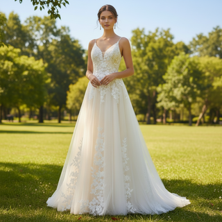 Princess Vneck A-line Tulle Lace Wedding Dress with Spaghetti Strap