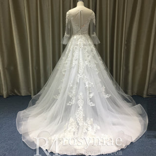 Flutter Long Sleeve A-line Lace Appliqued Wedding Dress