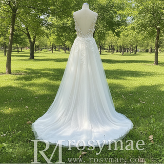 Princess Vneck A-line Tulle Lace Wedding Dress with Spaghetti Strap