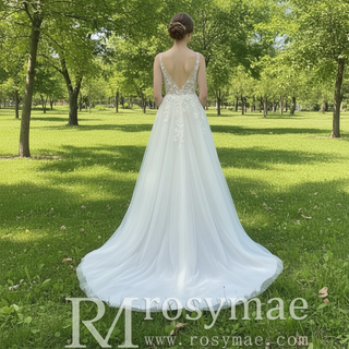 Princess Vneck A-line Tulle Lace Wedding Dress with Spaghetti Strap