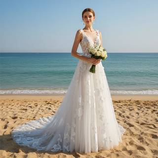 Robe de mariée trapèze classique en tulle et dentelle avec corsage transparent