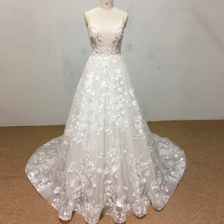 A-line Lace Overlay Vneck Wedding Dress with Spaghetti Strap