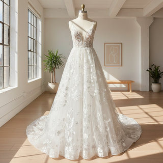 Robe de mariée trapèze en dentelle superposée, col en V, bretelles spaghetti
