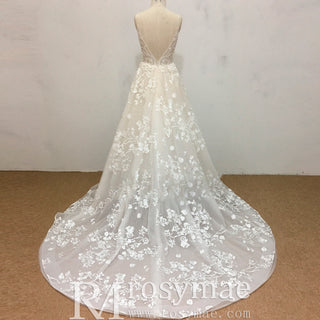 A-line Lace Overlay Vneck Wedding Dress with Spaghetti Strap