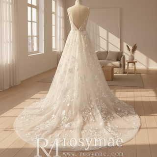 Robe de mariée trapèze en dentelle superposée, col en V, bretelles spaghetti