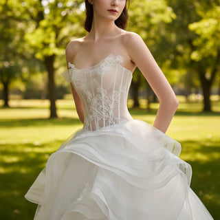 A-line Tulle Ruffle Wedding Dress with Curvy Neckline - Rosymae