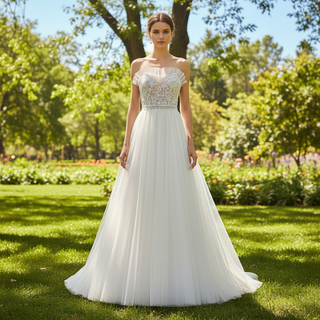 Strapless A-line Tulle Wedding Dress with Sheer Bodice