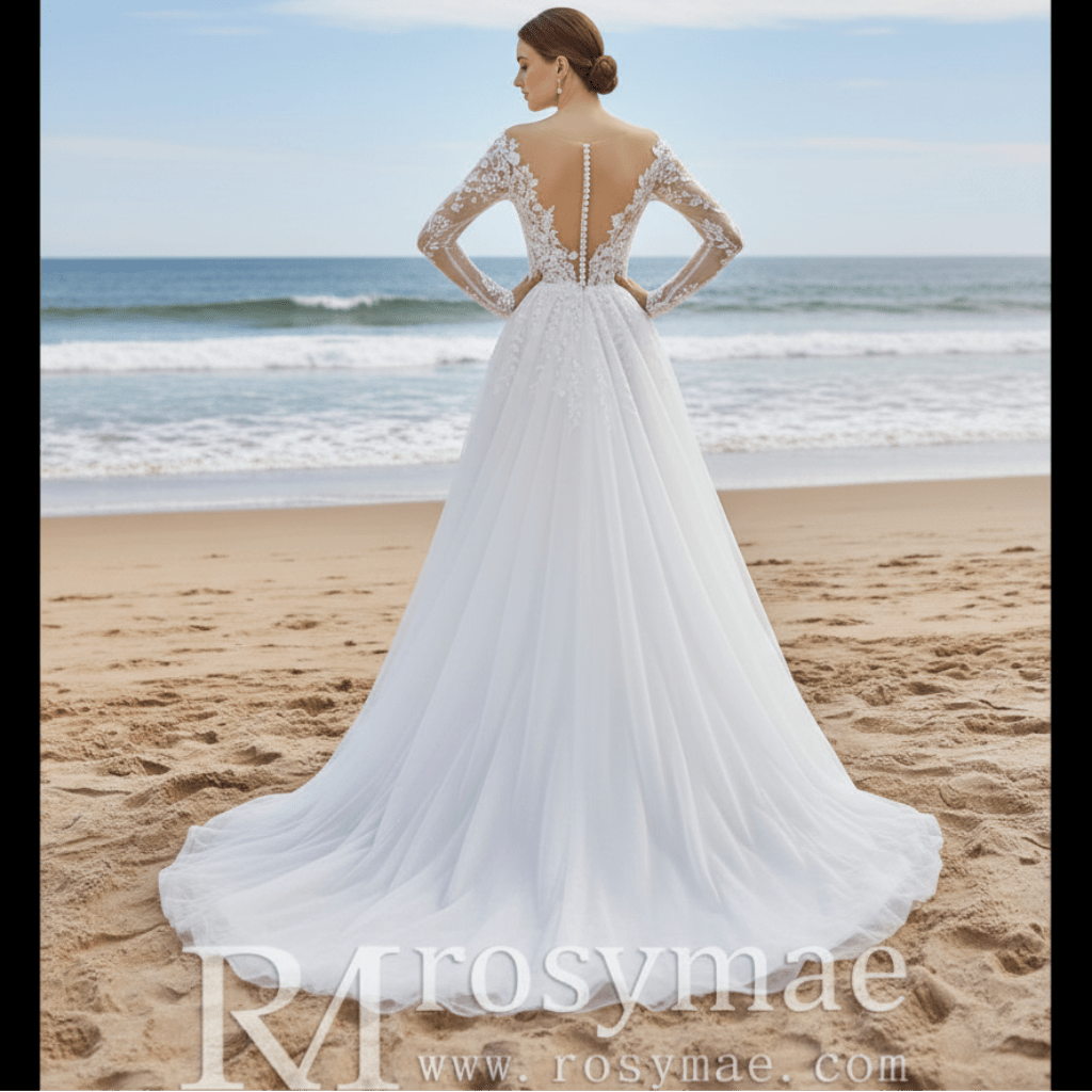 A-line Tulle Wedding Dress Bridal Gowns with Long Sheer Sleeves - Rosymae