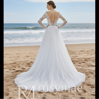 A-line Tulle Wedding Dress Bridal Gowns with Long Sheer Sleeves - Rosymae