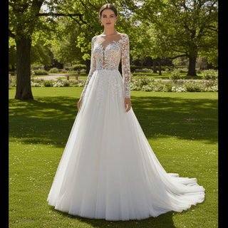 A-line Tulle Wedding Dress Bridal Gowns with Long Sheer Sleeves - Rosymae