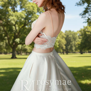 A-line Two Pieces Lace Top Wedding Dresses With Pockets - Rosymae