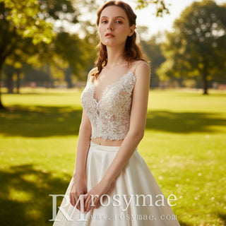 A-line Two Pieces Lace Top Wedding Dresses With Pockets - Rosymae