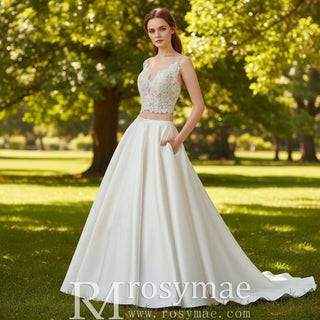 A-line Two Pieces Lace Top Wedding Dresses With Pockets - Rosymae