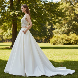 A-line Two Pieces Lace Top Wedding Dresses With Pockets - Rosymae
