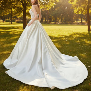 A-line Two Pieces Lace Top Wedding Dresses With Pockets - Rosymae