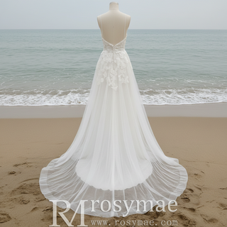 Simple A-line Tulle Lace Low Back Wedding Dress with Deep V-neck