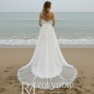 Simple A-line Tulle Lace Low Back Wedding Dress with Deep V-neck