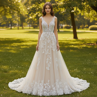 Elegant Tulle and Lace A-line Wedding Dress with Vneck
