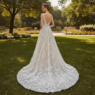 Elegant Tulle and Lace A-line Wedding Dress with Vneck